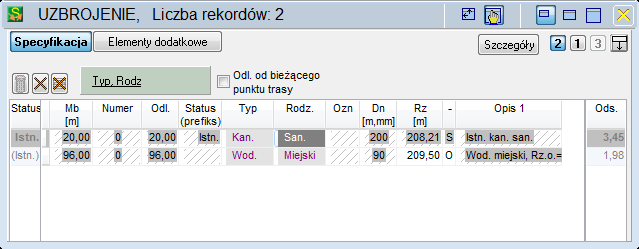 uzbrojenia - O/D/S oś/dno/strop Opis podstawowy (1) Odstęp od przewiertu Typ, Rodzaj Odległość od bieżącego punktu trasy Po włączeniu tej