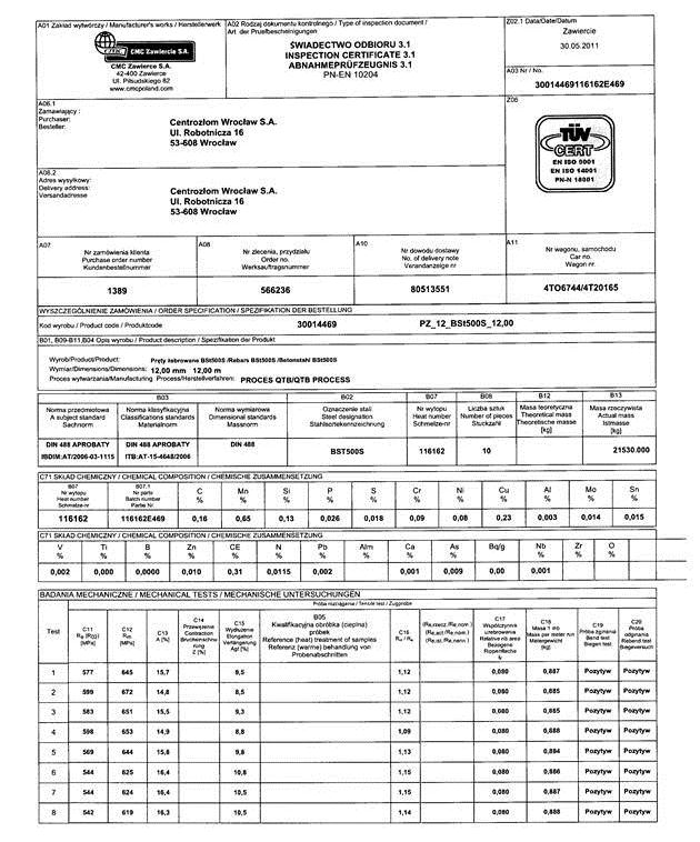 ZAŁĄCZNIK Przykłady fałszywych świadectw odbioru Przykład 1, producent: CMC Zawiercie W prawdziwym ateście, przygotowanym przez CMC Zawiercie dla stali gatunku BSt500S, podano numer wytopu oraz
