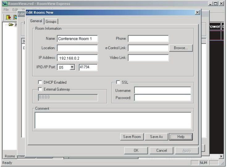 **Crestron RoomView Na stronie Edit Room wprowad adres IP (lub nazw hosta) pokazany w menu ekranowym projektora, a nastpnie warto IPID 05 oraz 41794 dla zarezerwowanego portu sterowania Crestron.