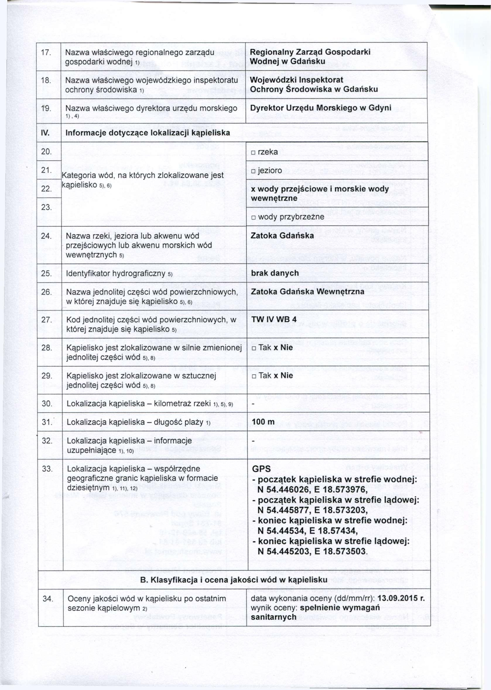 17. Nazwa właściwego regionalnego zarządu gospodarki wodnej i) Regionalny Zarząd Gospodarki Wodnej w Gdańsku 18.