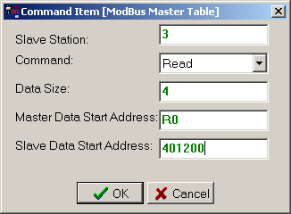 5. Dodawanie wpisów (deklaracji poszczególnych odpytań w protokole ModBus) do tabeli ModBus Master Table.