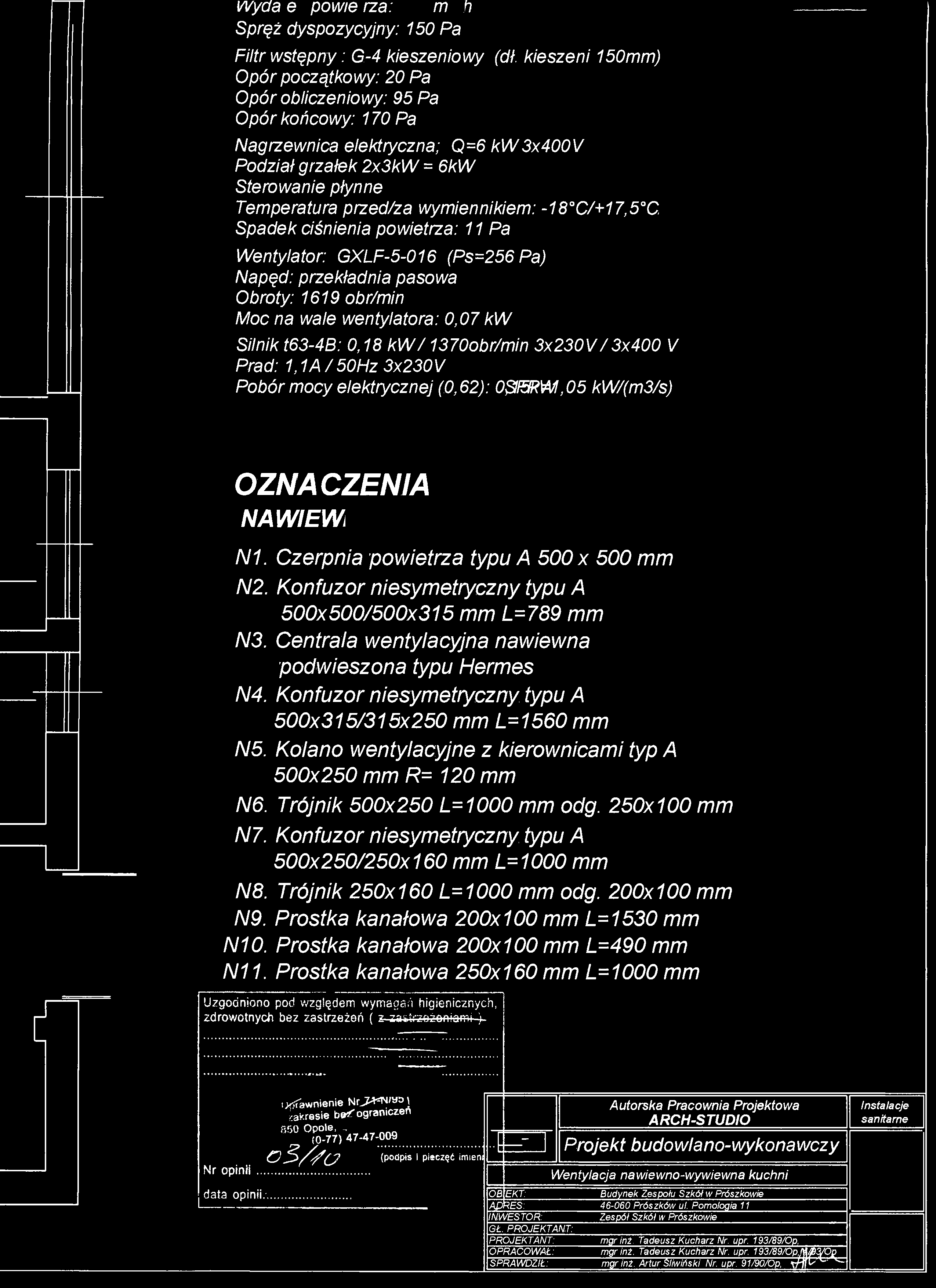 wydatek powietrza: 500 m3/h Spręż dyspozycyjny: 50 Pa Filtr wstępny: G-4 kieszeniowy Opór początkowy: 20 Pa Opór obliczeniowy: 95 Pa Opór końcowy: 70 Pa (dł.