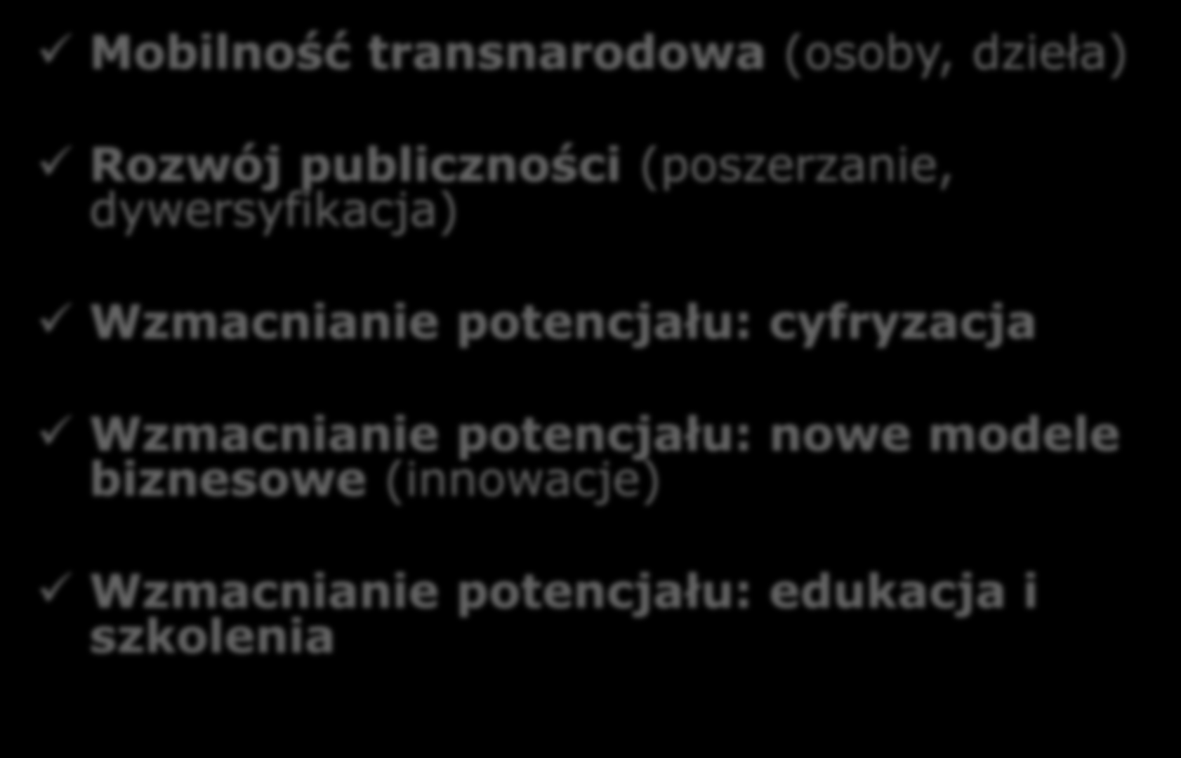 Priorytety komponentu Kultura: Mobilność transnarodowa (osoby, dzieła) Rozwój publiczności (poszerzanie, dywersyfikacja)