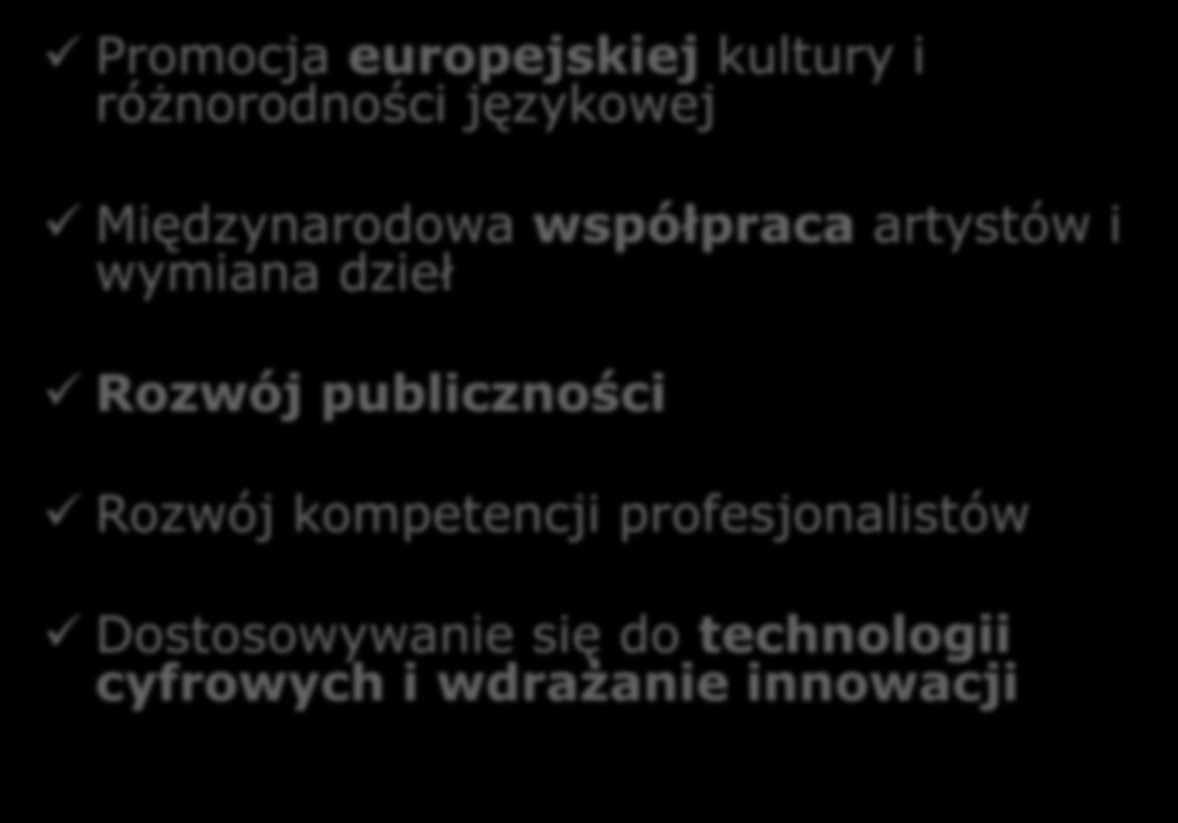 Cele i priorytety: Promocja europejskiej kultury i różnorodności językowej Międzynarodowa współpraca artystów i wymiana