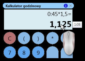 18 4:1234 -> przycisk "=", wynik: 24:34 (24h, 34m). Działania na godzinach/minutach i liczbach dziesiętnych Jak wykonać np.