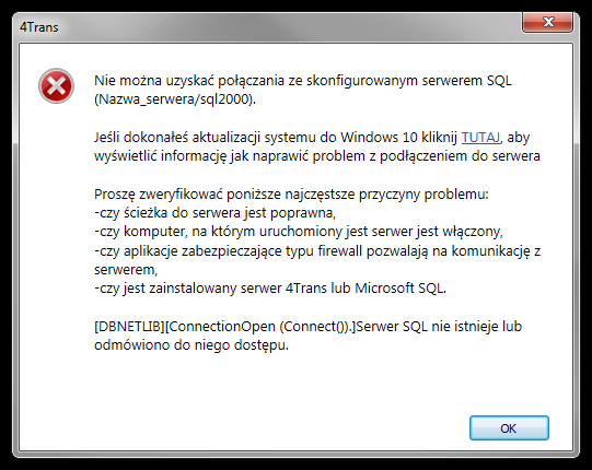 9 Wariant II - program nie uruchamia się ze względu na problemy z serwerem SQL W przypadku braku połączenia z bazą danych powinien pojawić się poniższy komunikat: Rys. Komunikat błędu.