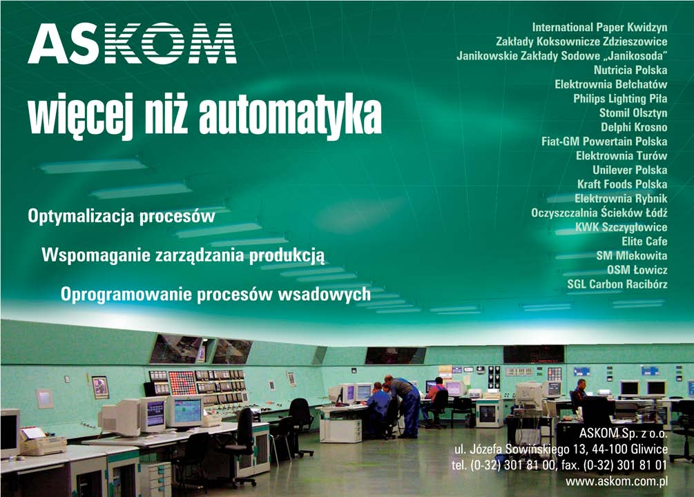 Efekty wdrożenia systemu automatyki Tabela wyznaczonych parametrów optymalnych Wszystkie wyliczane przez moduł optymalizacji parametry jak i wskaźniki pośrednie są archiwizowane w bazie SQL, co w