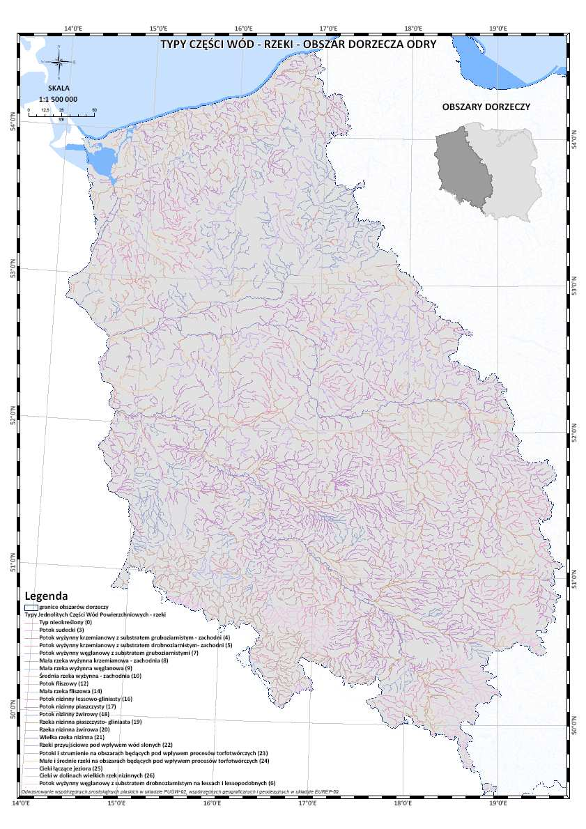 Charakterystyka obszaru dorzecza Typy częś ęści wód w - rzeki 20 róŝnych typów rzek Głównie: Typ 17 potok nizinny piaszczysty 646 cieków Typ 16 potok nizinny lessowo -