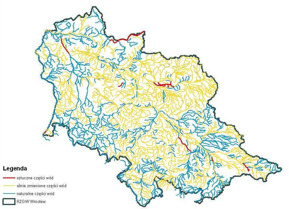 JCWP na obszarze RZGW we Wrocławiu Wyznaczono: 690 JCWP (682 w regionie wodnym Środkowej Odry) - 288 silnie zmienione - 10