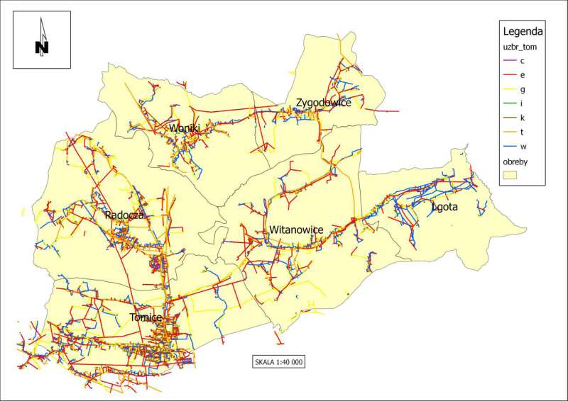 Na terenie gminy Tomice występuje sieć wodociągowa, kanalizacyjna, gazowa,