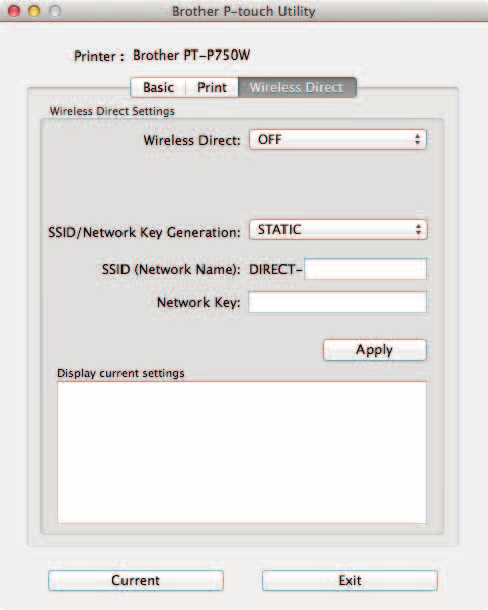 Brother P-touch Utility (system Macintosh) Karta Wireless Direct 6 1 3 6 4 1 Wireless Direct Umożliwia włączenie lub wyłączenie funkcji Wireless Direct. Dostępne ustawienia: [ON] (WŁ.), [OFF] (WYŁ.