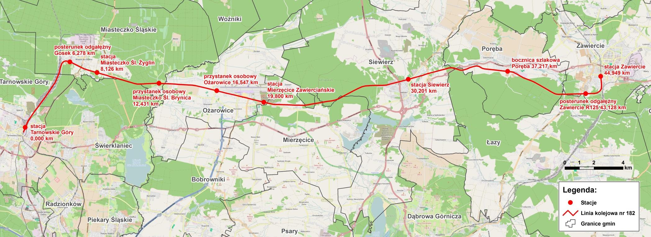 Konsultacje społeczne LK 182 Tarnowskie Góry - Zawiercie Dane podstawowe linii Linia kolejowa Tarnowskie Góry Zawiercie (od km -0,571 do km 45,502) jednotorowa, niezelektryfikowana (od km 4,820 do km