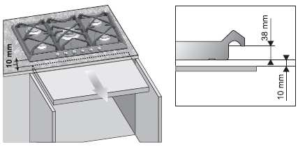- 12 - W przypadku instalowania płyty nad szafką kuchenna bez szuflad i półek naleŝy zamocować specjalną płytę izolacyjną, łatwą do wyjmowania, w odległości nie mniejszej n iŝ 10 mm od dolnej