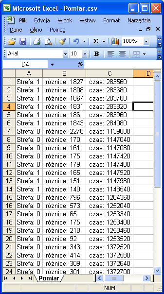 Rys. 6.2 Okno arkusza z przykładowymi wynikami detekcji ruchu Na rys. 6.2 przedstawiony został przykładowy arkusz wyników.