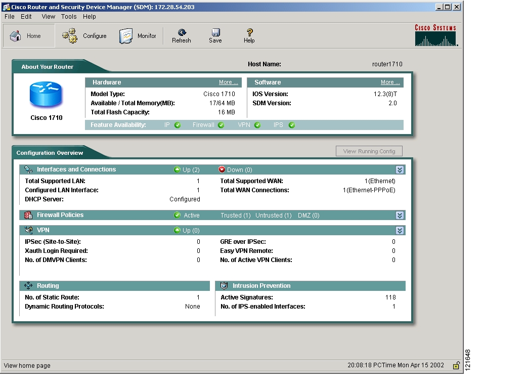 Weryfikacja SDM Sprawdzenie czy w pamięci flash zostały zapisane pliki z SDM: Router# show flash: System flash directory: File Length Name/status 1 5148536 c831-k9o3y6-mz.122-13.zh1.bin 2 14617 sdm.