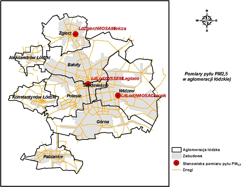 Załącznik Nr 1 do Uchwały Nr... Sejmiku Województwa ego z dnia...2014 r. Załącznik nr 2a do uchwały nr XXXV/689/13 Sejmiku Województwa ego z dnia 26 kwietnia 2013 r. Rys.1. Lokalizacja stanowisk pomiaru pyłu zawieszonego PM2,5 w aglomeracji łódzkiej Tabela 1.