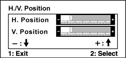Element Objaśnienie H. Size (Rozmiar poziomy) reguluje szerokość obrazu. H./V. Position (Położenie w poziomie/pionie) służy do przesuwania obrazu w prawo lub w lewo i w górę lub w dół.