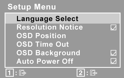 Element Objaśnienie Setup Menu (menu ustawień) wyświetla następujące menu: Language Select (Język) pozwala wybrać język, w którym wyświetlane będą menu i ekrany ustawień.