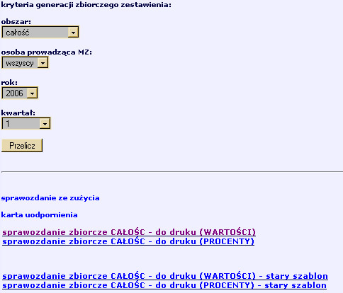 Menu - sprawozdanie zbiorcze MZ Aby wyświetlić sprawozdanie zbiorcze, należy w formularzu wybrać właściwe kryteria: - obszar - osoba prowadząca MZ - rok sprawozdania - kwartał po czym kliknąć w
