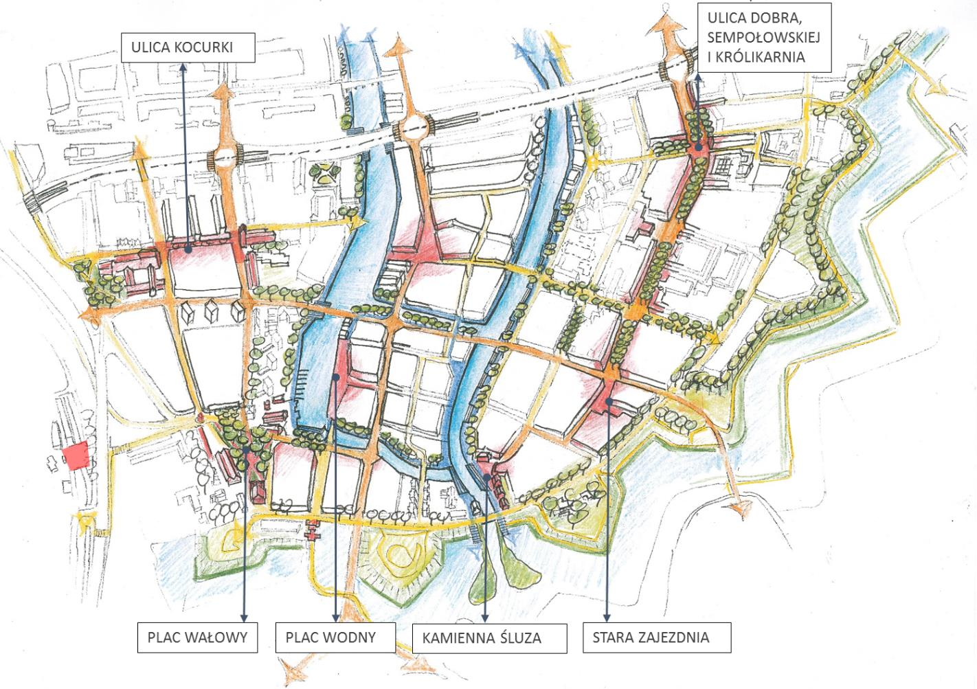 3.4. Podsumowanie wizja i etapowanie PLAC CENTRALNY Il. 32. Wizja ciągu lokalnych przestrzeni publicznych Starego Przedmieścia, południowej części Wyspy Spichrzów oraz Dolnego Miasta (autor ARM).