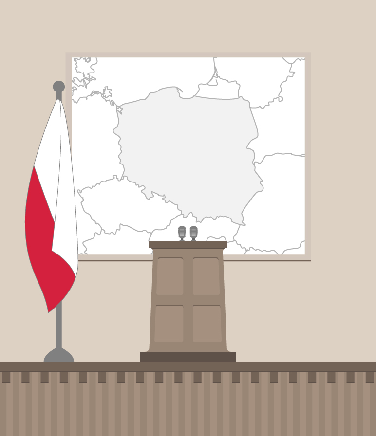 26 FLAGI W POMIESZCZENIACH W sali ze sceną lub podium flagę państwową RP umieszcza się na pod wyższeniu po lewej (dla publiczności w sali) stronie mównicy.