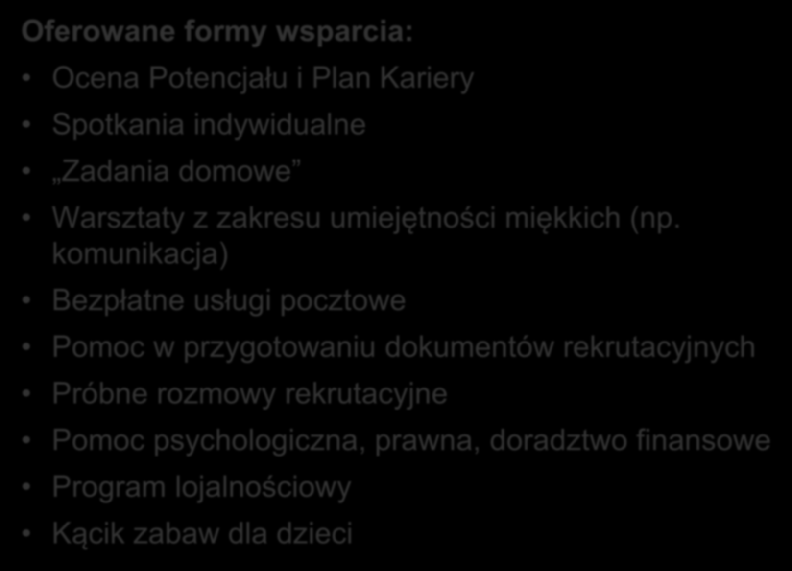 Działania aktywizacyjne Operatora Oferowane formy wsparcia: Ocena Potencjału i Plan Kariery Spotkania indywidualne Zadania domowe Warsztaty z zakresu umiejętności miękkich (np.