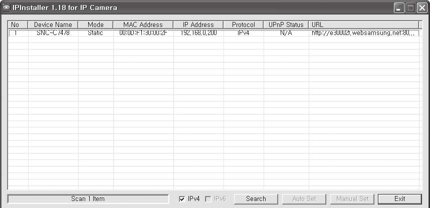 podłączenie do sieci i konfi guracja WYSZUKIWANIE KAMERY Układ ekranu programu IP Installer 1 2 3 4 5 6 7 1 Device Name : Nazwa modelu podłączonego urządzenia.