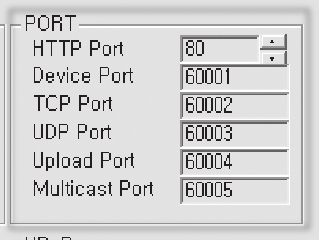 Numer można zwiększyć lub zmniejszyć w celu uzyskania numeru 10000, 10006, 10012 <Device Port>: Port używany do kontrolowania transmisji wideo. Wartość domyślna to 60001 (TCP).