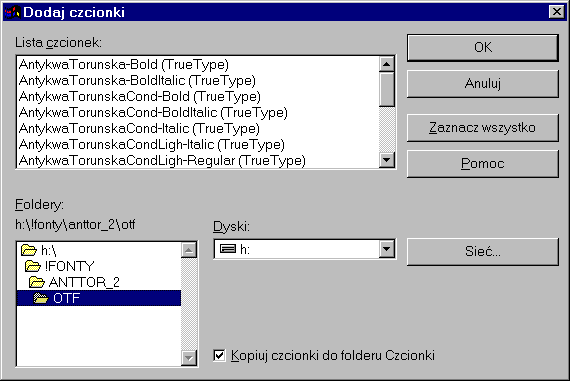 INSTALACJA W SYSTEMACH WINDOWS Windowsowe okienko dialogowe Dodawanie czcionek. Okienko dialogowe programu ATM (Adobe Type Manager), zarządzającego fontami postscriptowymi.