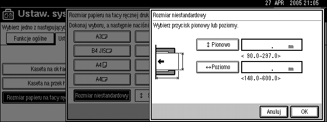 G Naciãnij przycisk [Pionowo]. H Za pomocà przycisków numerycznych wprowadä pionowy wymiar papieru, a nastêpnie naciãnij przycisk {#}. I Naciãnij przycisk [Poziomo].