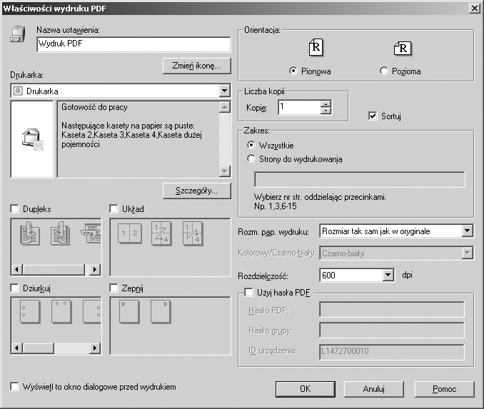 Bezpoãrednie drukowanie pliku PDF Wâaãciwoãci bezpoãredniego druku PDF 3 PL ASF001S 1. Nazwa ustawienia: Pokazuje nazwê konfiguracji plug-in (do 63 znaków jednobajtowych) 2. Zmieñ ikonê.