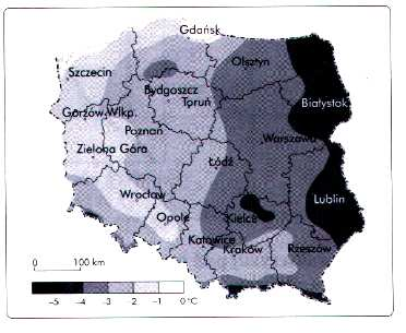 Zadanie 7. (0 2) Mapa przedstawia przebieg średnich miesięcznych temperatur powietrza na obszarze Polski w styczniu. Podkreśl właściwe stwierdzenia tak, aby powstałe zdania były prawdziwe.