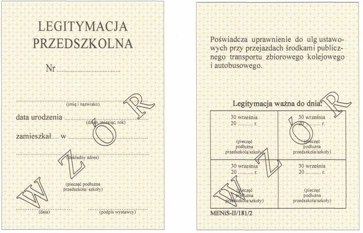 WZÓR NR 12 (1) LEGITYMACJA PRZEDSZKOLNA DLA DZIECKA NIEPEŁNOSPRAWNEGO do 16, 26 WZÓR LEGITYMACJI PRZEDSZKOLNEJ DLA DZIECKA NIEPEŁNOSPRAWNEGO Str. 1 Str. 2 Karton.
