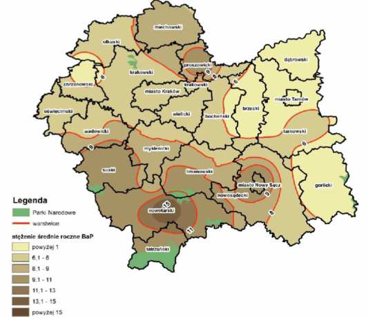 Rysunek 6. Stężenie średnioroczne benzo(a)pirenu (BaP) [µg/m³] Źródło: WIOŚ Kraków, Ocena jakości powietrza w województwie małopolskim w 2014 r.