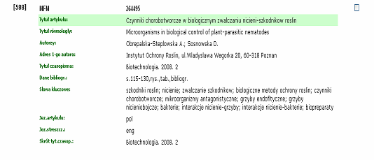 Formularz wyszukiwawczy w przeglądarce WWW Źródło: opracowanie własne na podstawie: http://150.254.174.124/wwwisis/agro.01/form.htm. Posadowienie bazy AGRO w ICM UW pod adresem http://agro.icm.edu.