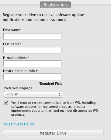 Rejestrowanie urządzenia Jeśli jest dostępne połączenie z Internetem, program WD Drive Utilities umożliwia zarejestrowanie urządzenia.