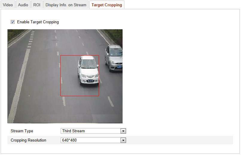 2. Zaznacz pole wyboru Enable Target Cropping (Włącz przycinanie celu), aby włączyć tę funkcję. 3. Jako Stream Type (typ strumienia) ustaw Third Stream (trzeci strumień). 4.