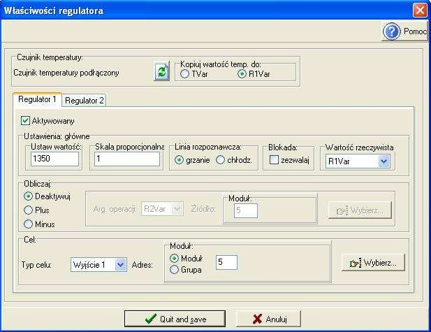 Rysunek 2. Okno w którym ustawia się parametry regulatora Wlacz wyjscia Wylacz Wlacz R1Var Wylacz R1Var Rysunek 3.