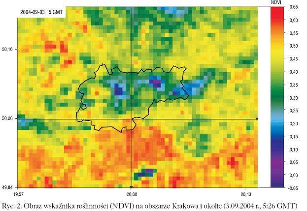 Znormalizowany Różnicowy Wskaźnik Wegetacji (NDVI) Rejestracja obrazów w latach 2004-2005 w pięciu kanałach spektralnych (Hajto, 2009).