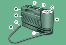 Odkręcić nakrętkę z zaworu opony, zdjąć przewód napełniania B i przykręcić pierścień E na zaworze opony, - upewnić się czy wyłącznik F kompresora znajduje się w