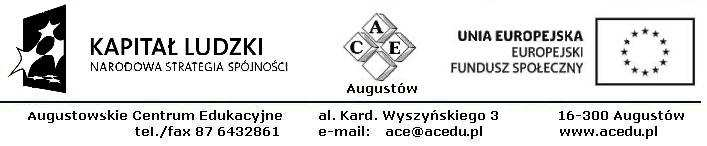 SPECYFIKACJA ISTOTNYCH WARUNKÓW ZAMÓWIENIA Nasz znak: ACE/AS/18/14 Zamawiający: Augustowskie Centrum Edukacyjne Al. Kard. Wyszyńskiego 3 16 300 Augustów tel / fax: 876432861 www.acedu.