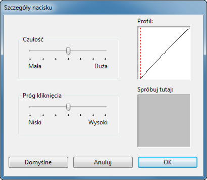 Zaznaczenie tej opcji spowoduje wyświetlenie okna dialogowego SZCZEGÓŁY NACISKU dla gumki, w którym można dostosować ustawienia czułości gumki.