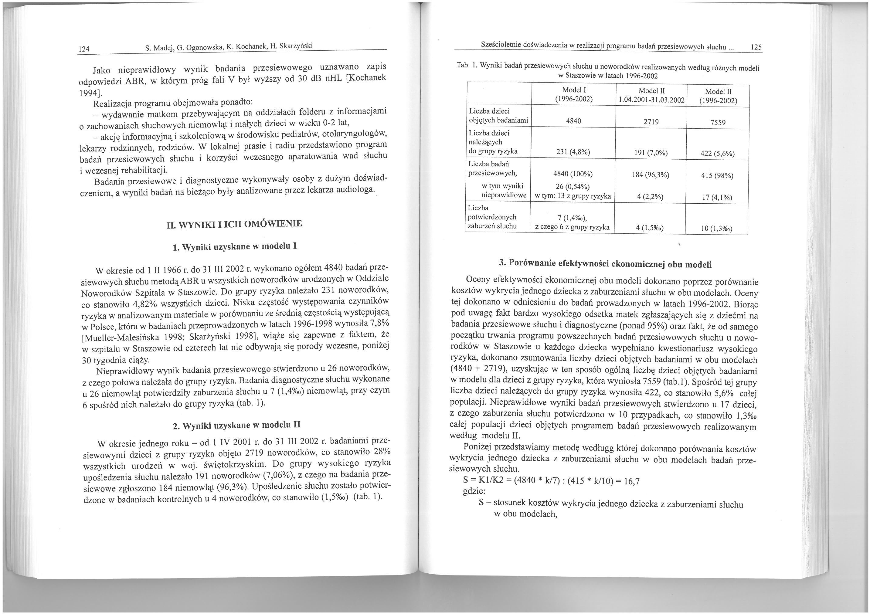 124 S. Madej, G. Ogonowska, K. Kochanek, H. Jako nieprawidłowy wynik badania przesiewowego uznawano zapis odpowiedzi ABR, w którym próg fali V był wyższy od 30 db nhl [Kochanek 1994].