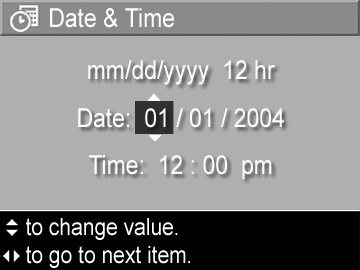 2 W podmenu Date & Time (Data i Czas) ustaw warto ć wybranej pozycji przyciskami. 3 Przyciski umo liwiaj przej cie do innych pozycji.