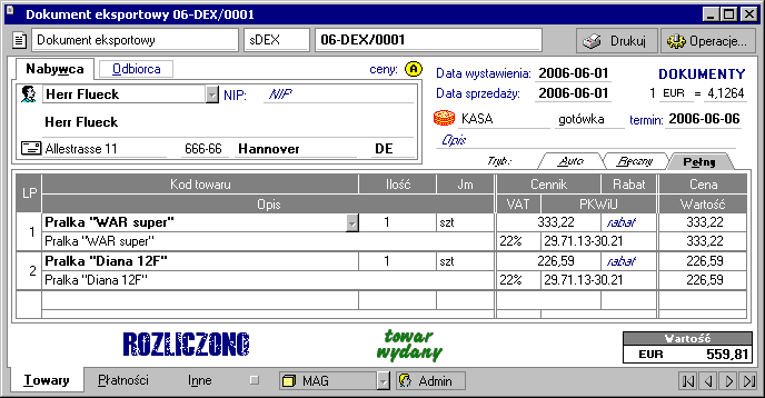 Sprzedaż 6 13 Rys. 6-8 Przykład dokumentu eksportowego.