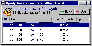 Przegląd parametrów pracy, uprawnień użytkowników, zestawień i operacji 8 33 Rys. A-7 Okno definiowania upustów ilościowych.