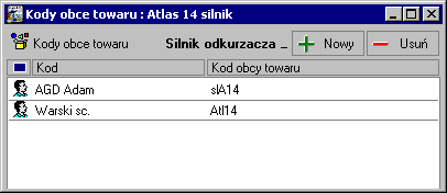 Po zarejestrowaniu kodu obcego można podczas wpisywania towarów do dokumentu zakupu lub przychodowego dokumentu magazynowego wyszukiwać je zarówno według kodów własnych, jak i obcych - kliknięcie