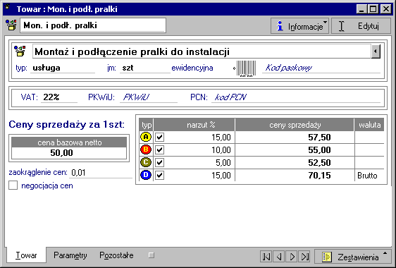 Podstawowe pojęcia i dane 2 9 Typ Usługa Towary typu usługa nie są objęte gospodarką magazynową (nie mogą być użyte w dokumentach magazynowych), dlatego też okno towaru zawiera w tym przypadku mniej