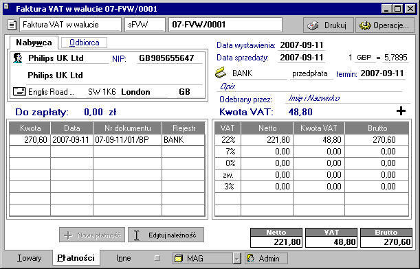 2 26 Podręcznik użytkownika programu Handel Premium Rys. 2-24 Strona płatności dokumentu.