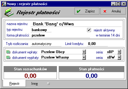 Podstawowe pojęcia i dane 2 37 Rys. 2-32 Okno definiowania rejestru płatności.